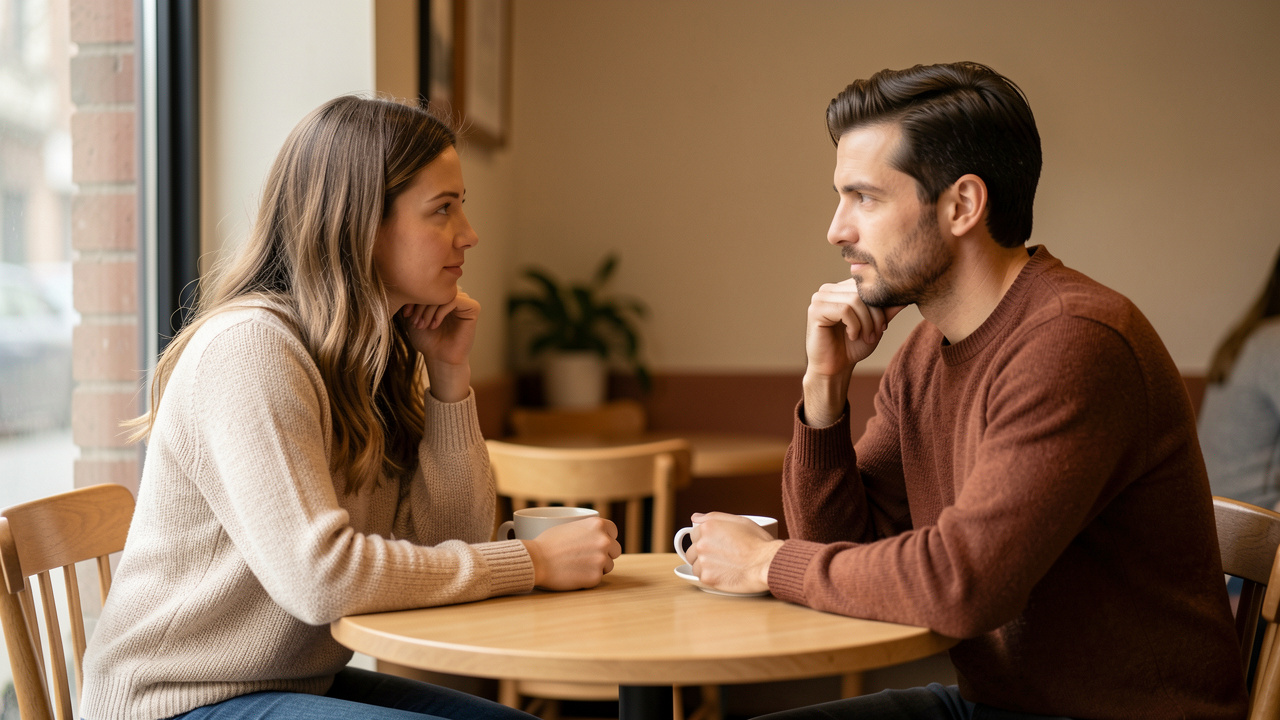 Une femme et un homme discutent calmement et avec honnêteté dans un café après plusieurs rendez-vous.