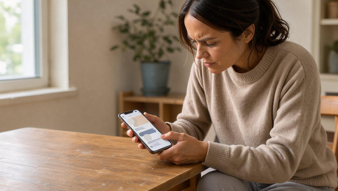Une femme célibataire consulte prudemment une application de rencontre abstraite sur son smartphone, avec une alerte discrète et une interface sans contenu lisible.