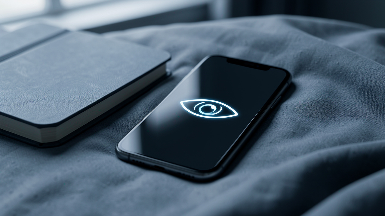 Téléphone posé dans un espace intime, avec des symboles abstraits de cadenas et d’œil évoquant la discrétion et la confidentialité en ligne.